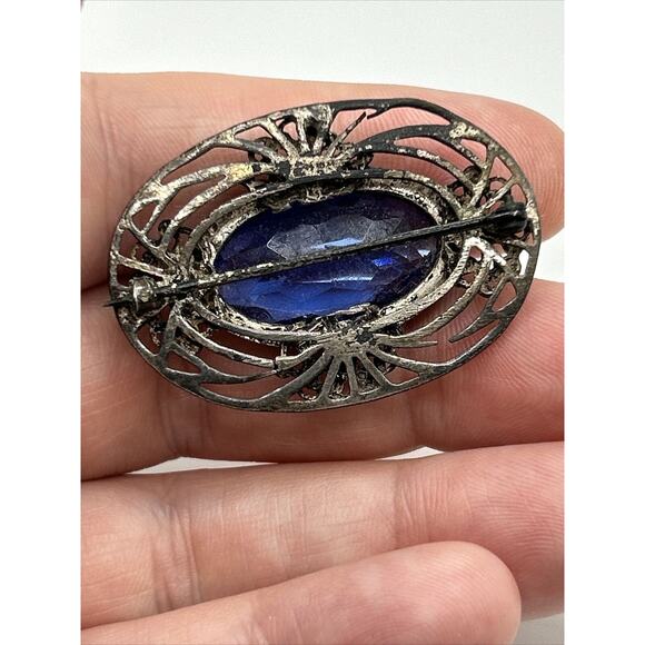 Vintage Cobalt Blue Glass Oval Brooch Pin Metal Unsigned - Picture 6 of 10